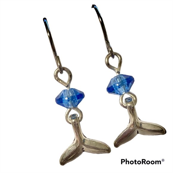 Silver Mermaid Whale Tail Earrings Blue Bead Plated Dangle Dainty Nautical - Picture 7 of 12